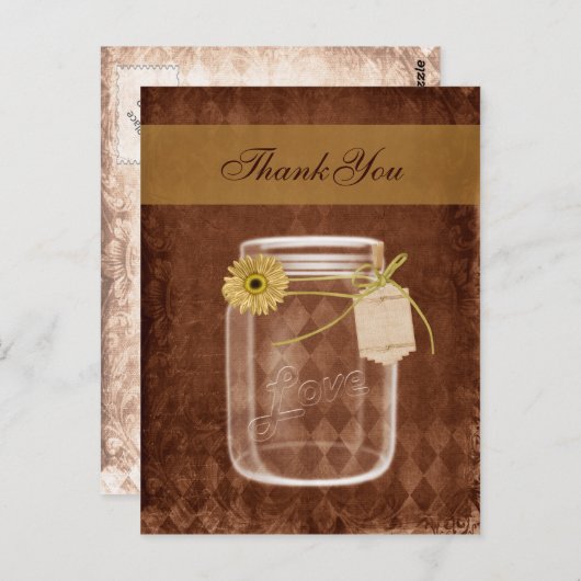 Zonnebloem rustieke mason jar bruiloft dank u briefkaart (Voorkant / Achterkant)