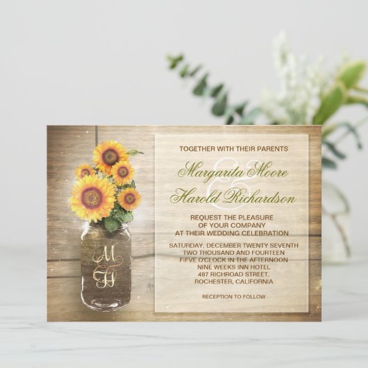 Zonnebloem rustieke Mason Jar Leuke bruiloft uitno Kaart (Staand voorkant)