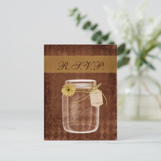 Zonnebloem rustieke metselaar bruiloft RSVP Uitnodiging Briefkaart (Staand voorkant)