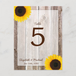 Zonnebloem rustieke schuur hout bruiloft tafel num briefkaart