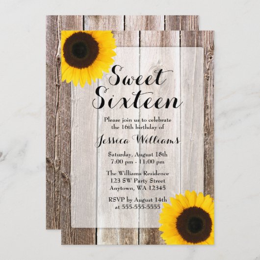 Zonnebloem Rustieke Schuur Hout Sweet 16 Kaart (Voorkant / Achterkant)