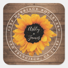 Zonnebloem Rustieke Schuur Houten Trouw Retouradre Vierkante Sticker