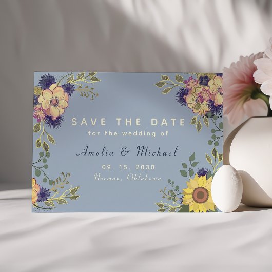 Zonnebloem Rustieke Stof Blauw Trouw Save The Date