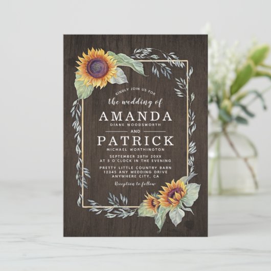 Zonnebloem rustieke Waterverf bruiloft uitnodiging (Staand voorkant)
