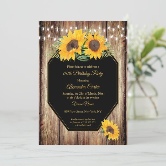 Zonnebloem Rustige Barn Wood Black String Lights Kaart (Staand voorkant)