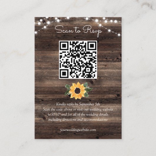 Zonnebloem Rustige Wood Wedding QR-code RSVP Informatiekaartje (Voorkant)