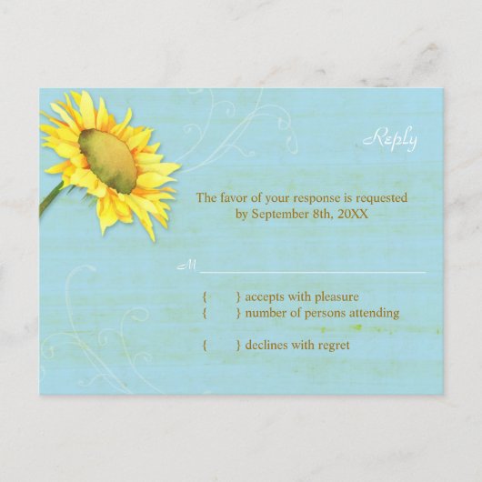 Zonnebloem Rustisch Bleek Blue Wedding RSVP-kaart Uitnodiging Briefkaart (Voorkant)