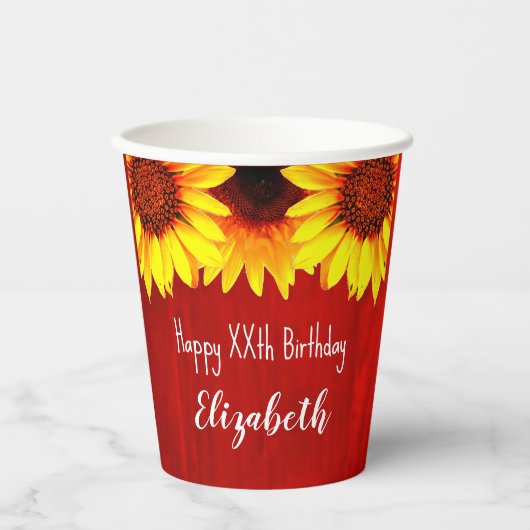 Zonnebloem Rustisch Hout Birthday Papieren Bekers (Voorkant)