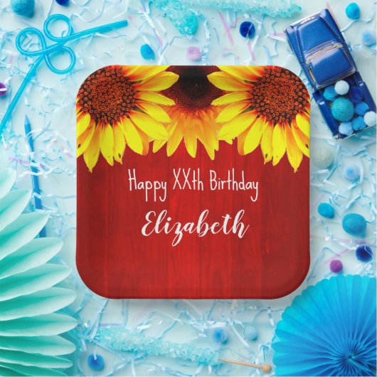 Zonnebloem Rustisch Hout Birthday Papieren Bordje (Feest)