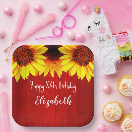 Zonnebloem Rustisch Hout Birthday Papieren Bordje (Feest)