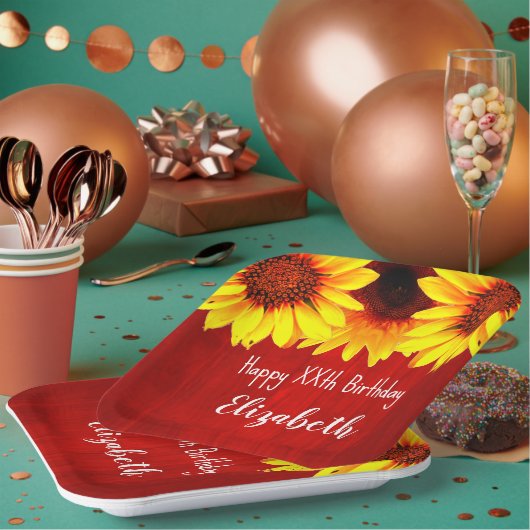 Zonnebloem Rustisch Hout Birthday Papieren Bordje (Multi)