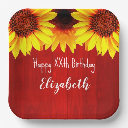 Zonnebloem Rustisch Hout Birthday Papieren Bordje (Voorkant)