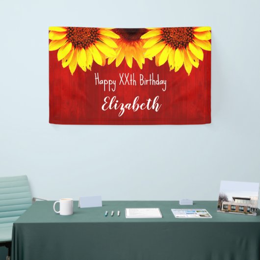 Zonnebloem Rustisch Hout Birthday Spandoek (Beurs)