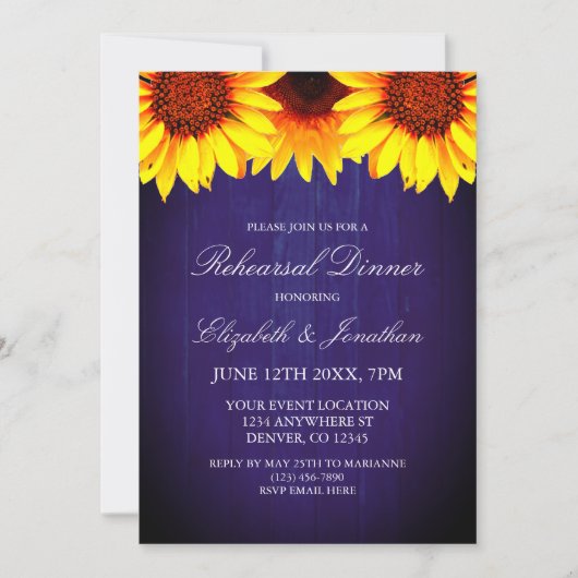 Zonnebloem Rustisch Hout Rehearsal Dinner Kaart (Voorkant)