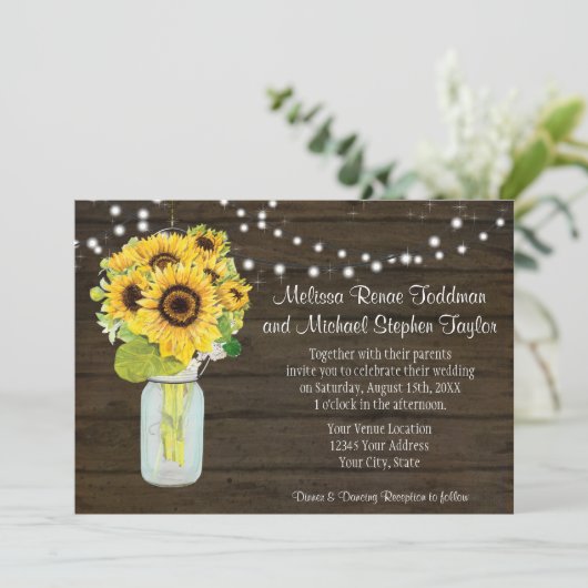 Zonnebloem - Rustisch Land Mason Jar Licht I Kaart (Staand voorkant)