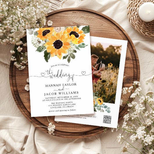 Zonnebloem Sage Greenery QR Code RSVP Wedding Kaart