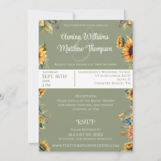 Zonnebloem Salie Groene Foto Bruiloft Met RSVP Kaart (Achterkant)