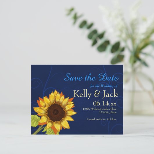 Zonnebloem / Save the Date Blauwe bruiloft Aankondigingskaart (Staand voorkant)