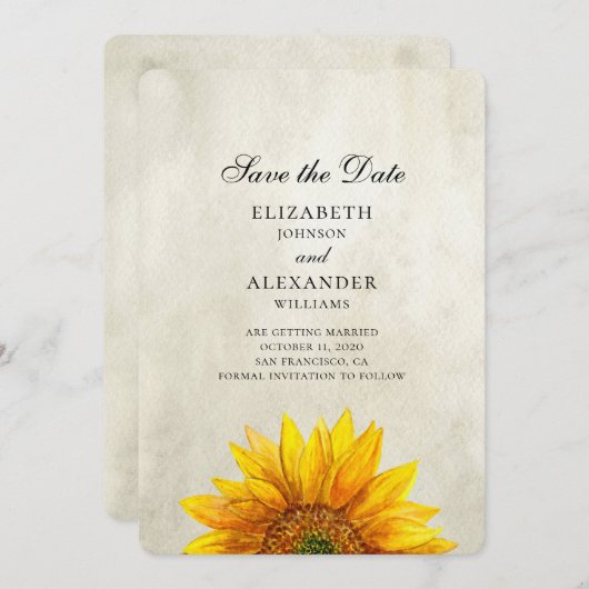 Zonnebloem save the date. Landelijke bruiloft. Lan Save The Date (Voorkant / Achterkant)