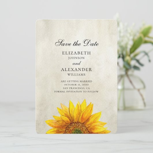 Zonnebloem save the date. Landelijke bruiloft. Lan Save The Date (Staand voorkant)