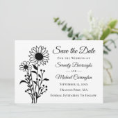 Zonnebloem Save the Date Zwart Wit Bloemen Huwelij Aankondiging (Staand voorkant)