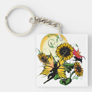 Zonnebloem Schaduw Fairy and Cosmic Cat Sleutelhanger