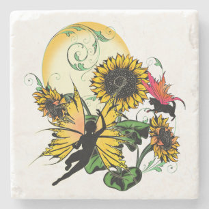 Zonnebloem Schaduw Fairy and Cosmic Cat Stenen Onderzetter