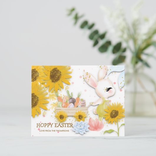 Zonnebloem Schattige Bunny Hoppy Easter White Feestdagenkaart (Staand voorkant)