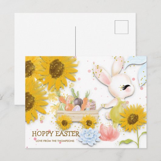 Zonnebloem Schattige Bunny Hoppy Easter White Feestdagenkaart (Voorkant / Achterkant)