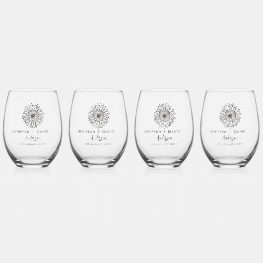 Zonnebloem schets gepersonaliseerde bruiloft wijnglas zonder voet (Voorkant)