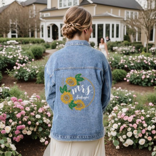 Zonnebloem schilderij mevrouw bruids bruiloft gewo denim jacket (Huwelijk Achterkant)