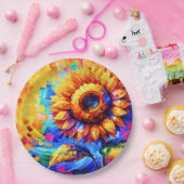 Zonnebloem Schildering Levendige Kleuren Zonnebloe Papieren Bordje (Feest)