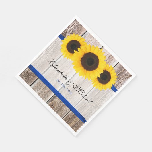 Zonnebloem schuur hout blauw lint bruiloft servet (Hoek)