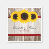 Zonnebloem schuur hout rood lint bruiloft servet (Voorkant)