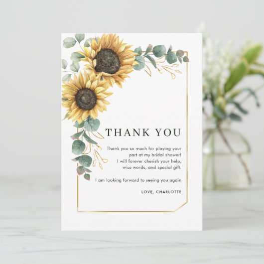 Zonnebloem Script Vrijgezellenfeest dank u kaart (Staand voorkant)