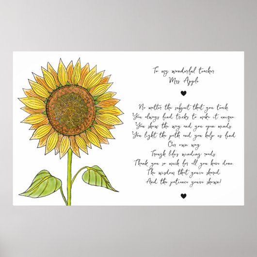 Zonnebloem & Script-waardetempo voor leraar Poster (Voorkant)