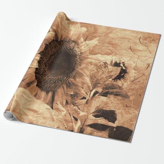 Zonnebloem Sepia Antiek land Floral Cadeaupapier (Uitgerold)
