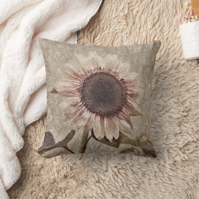  zonnebloem Sepia Brown Pink Rustic Textuur Kussen (Deken)