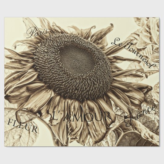 zonnebloem Sepia Tone Old Script Decoupage Cadeaupapier (Vlak)