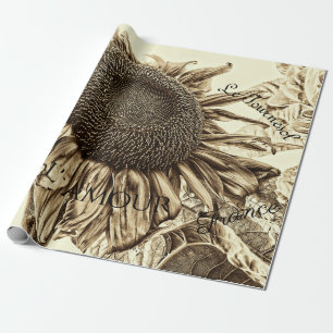 zonnebloem Sepia Tone Old Script Decoupage Cadeaupapier