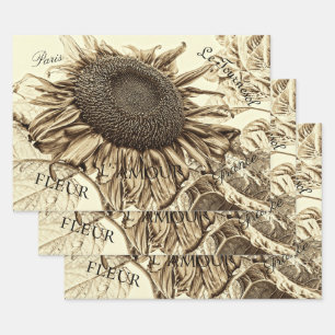  zonnebloem Sepia Tone Old Script Decoupage Inpakpapier Vel