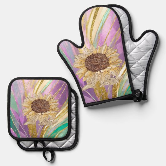 Zonnebloem Shimmer Oven Mitt en Pothouders Set (Voorkant / Achterkant)