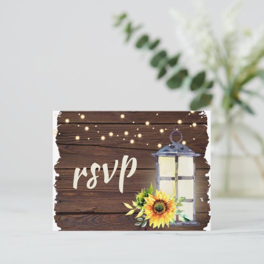 Zonnebloem Slaglantaarn Rustic Wood RSVP Uitnodiging Briefkaart (Staand voorkant)