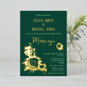 Zonnebloem Smaragd groen goud QR code Uitnodiging (Staand Voorkant)