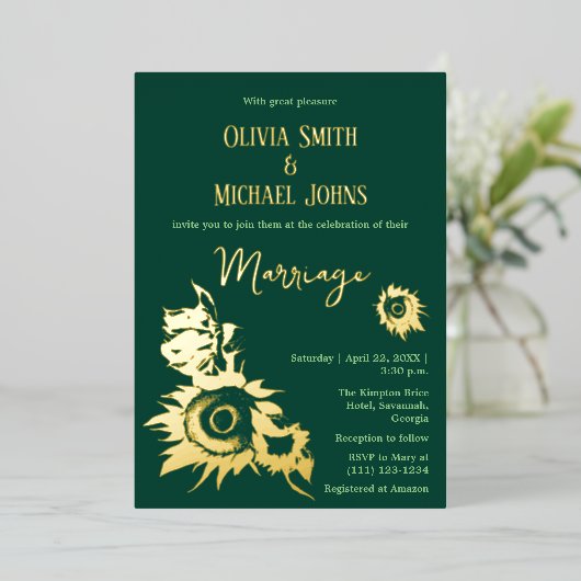 Zonnebloem Smaragd groen goud QR code Uitnodiging (Staand Voorkant)