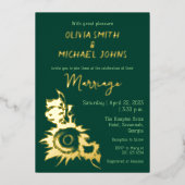 Zonnebloem Smaragdgroene gouden Trouw Uitnodiging (Voorkant)