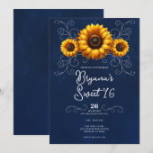 Zonnebloem Sparkle Blauw Rustiek Glam Sweet 16 Kaart (Voorkant / Achterkant)