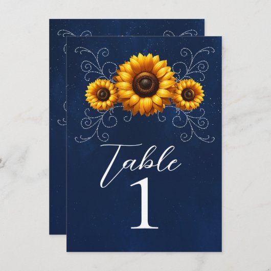 Zonnebloem Sparkle Blauw Rustiek Glam Tafelnummer (Voorkant / Achterkant)