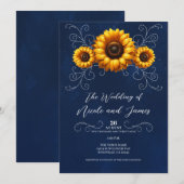 Zonnebloem Sparkle Blue Rustieke Glam Bruiloft Kaart (Voorkant / Achterkant)