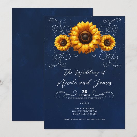 Zonnebloem Sparkle Blue Rustieke Glam Bruiloft Kaart (Voorkant / Achterkant)
